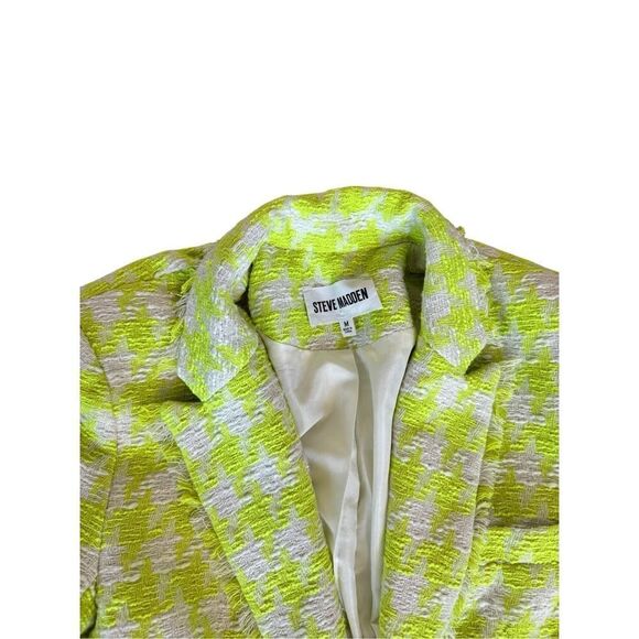 Steve Madden Harlow Womens Acid Lime Houndstooth Tweed Blazer Jacket Medium - Picture 3 of 10